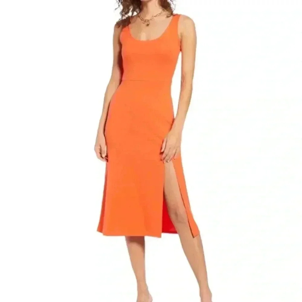 Nordstrom Open Edit Scoop Neck Orange Bodycon Midi Tank Dress Women's Small NWT